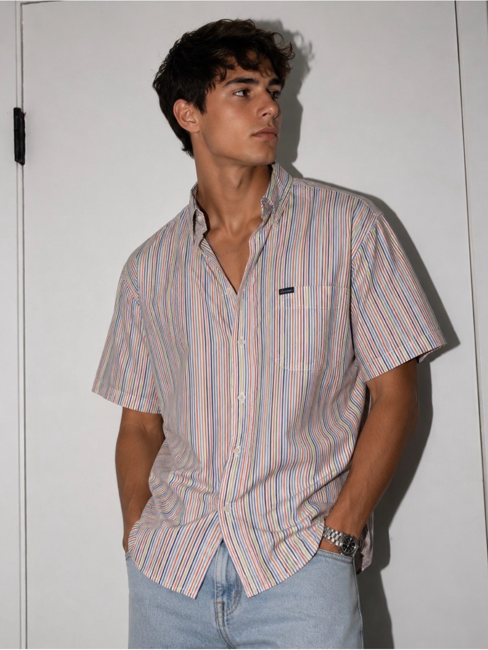 Faconnable Short-Sleeve Multi-Stripe Button-Down Shirt in White, Blue, Red, Tan
